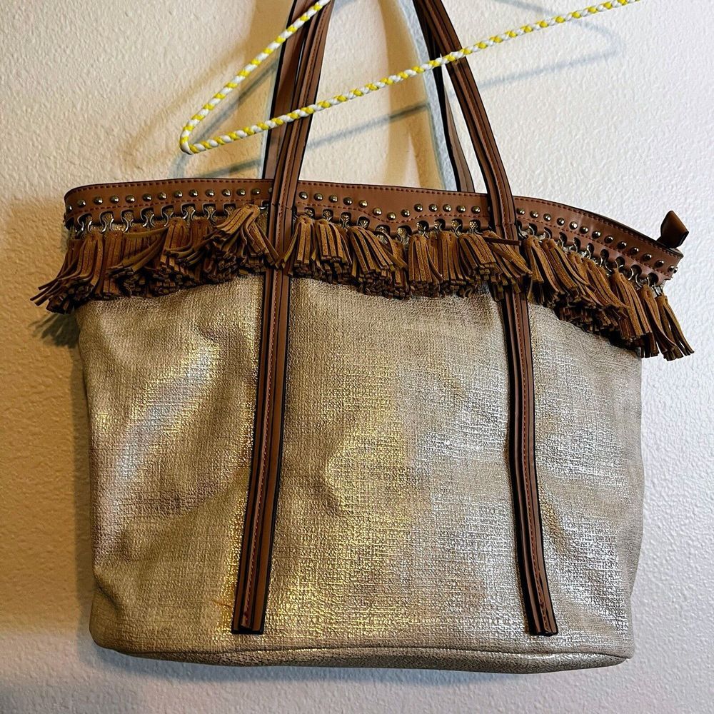 Sondra Roberts Squared Purse Handbag Decorative Tassel Tan Gold Brown Boho
